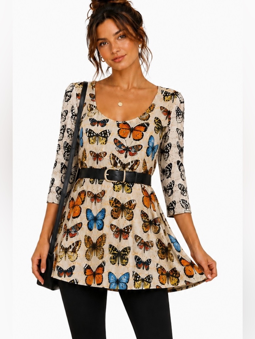 amma Butterfly Print Tunic Top S Made in USA 3/4 Sleeve Boho A-Line Stretch